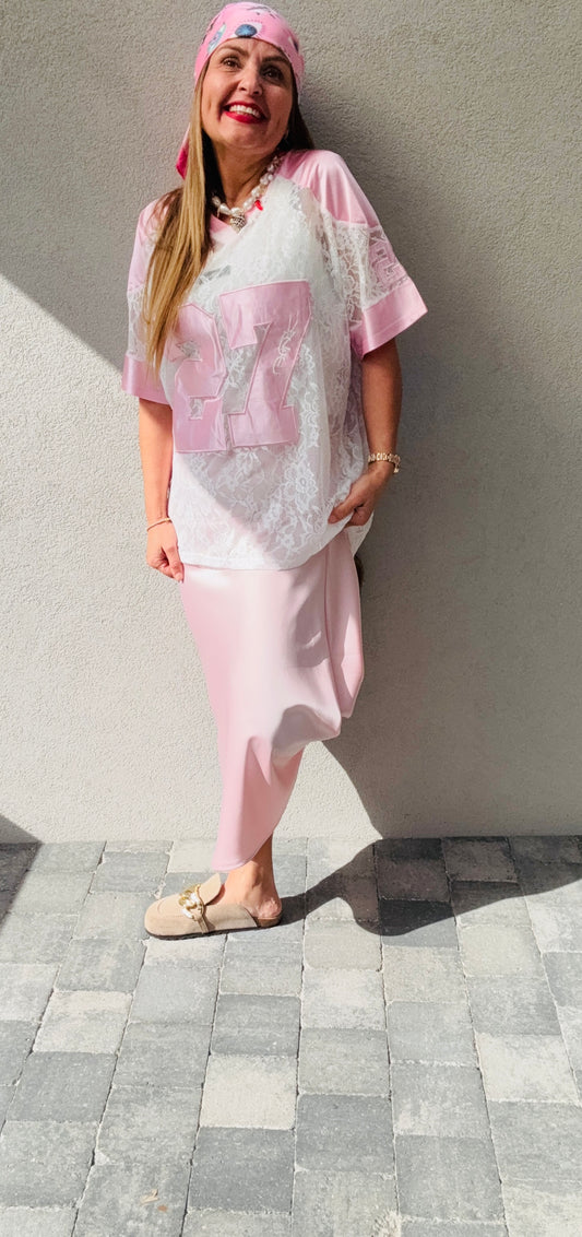 Jupe longue satinée rose